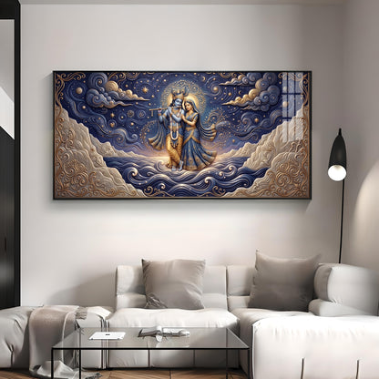 Radha Krishna Depicted In A Celestial Blue Premium Acrylic Horizontal Wall Art