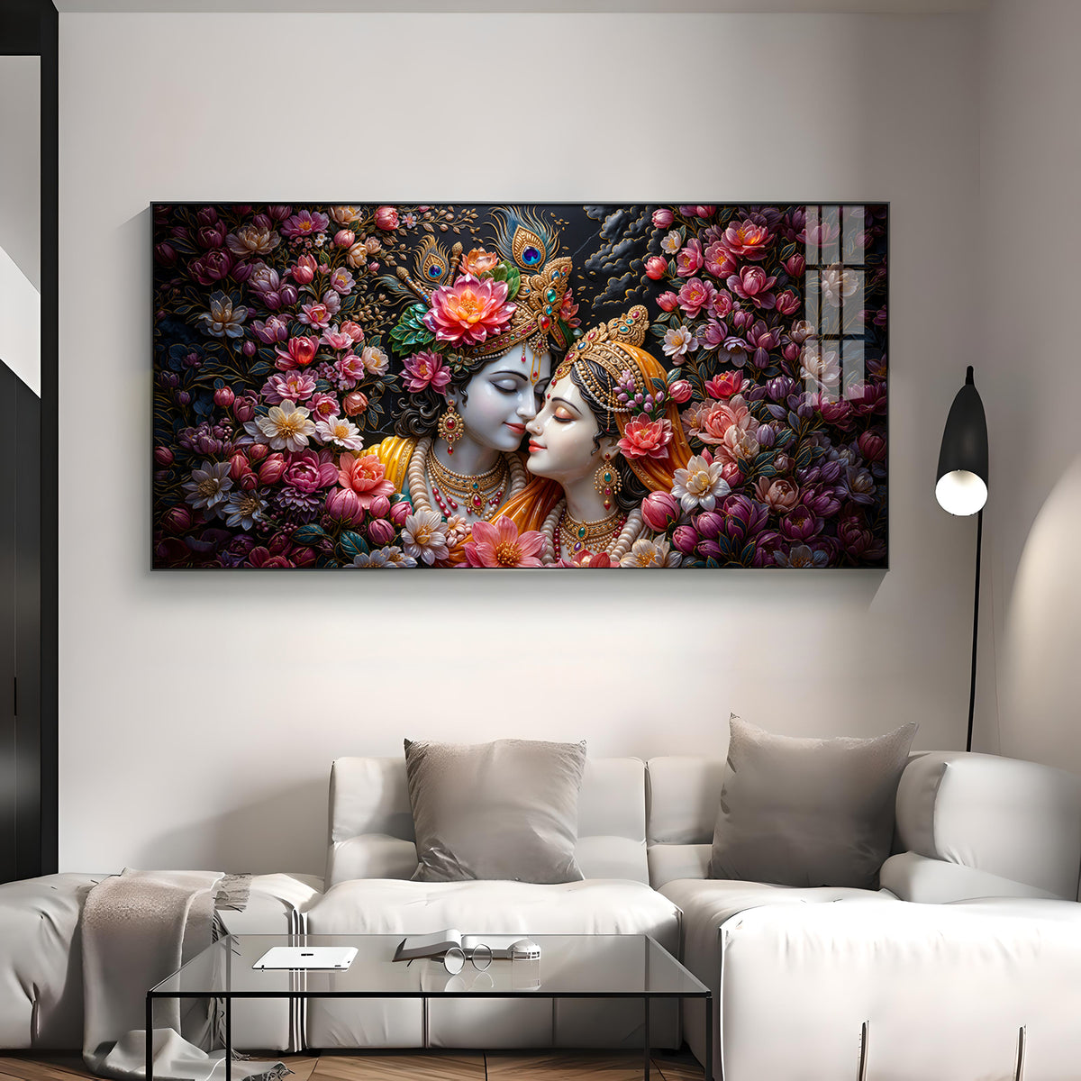 Floral Radha Krishna With Beautiful Background Premium Acrylic Horizontal Wall Art