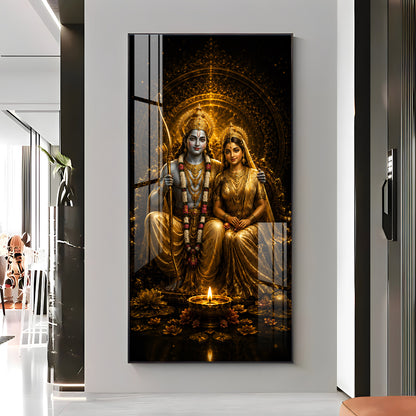 Divine Lord Rama & Sita Golden Premium Acrylic Vertical Wall Art
