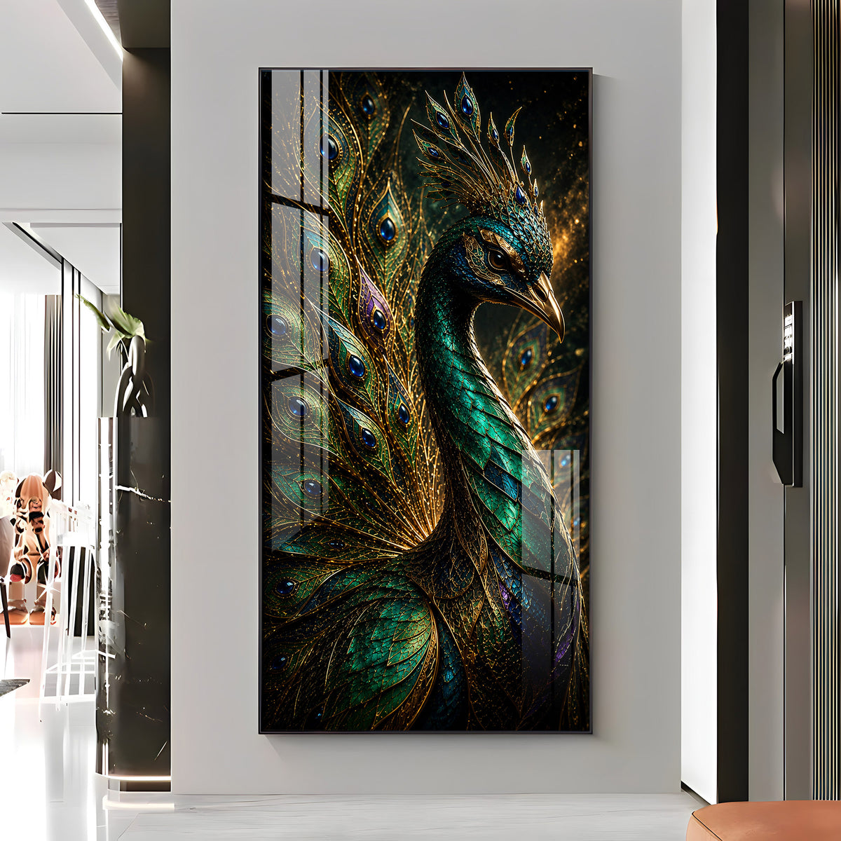 Majestic Jewel Toned Peacock Feather Premium Acrylic Vertical Wall Art
