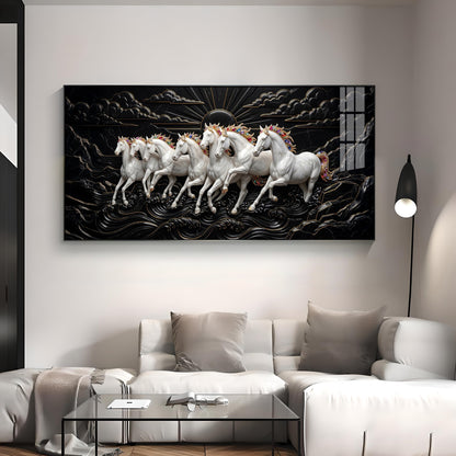 Pure Essence White Seven Horses Premium Acrylic Horizontal Wall Art