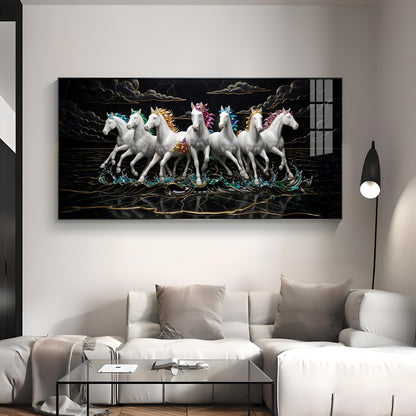 Splashing Stallions White Seven Horses Premium Acrylic Horizontal Wall Art