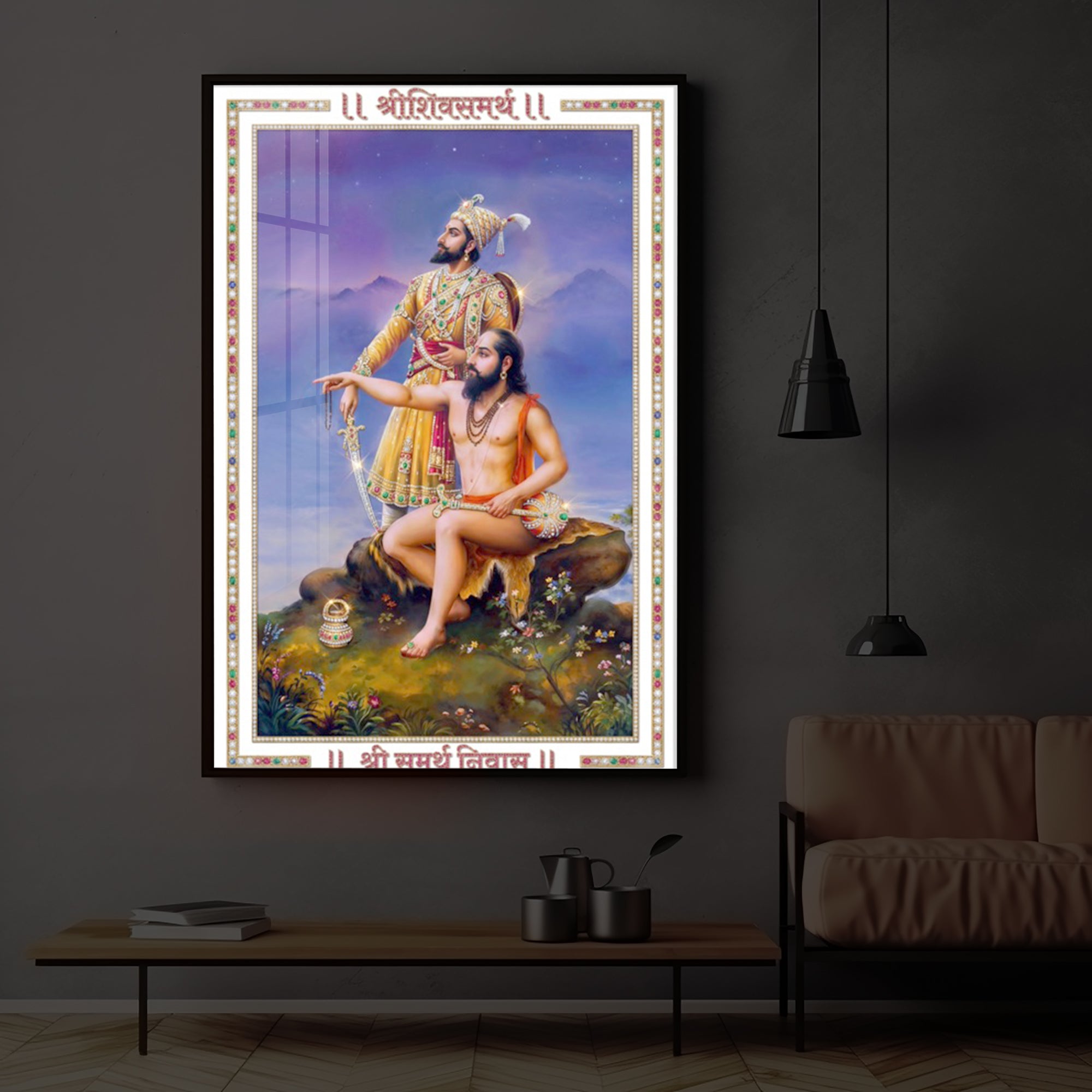 Samarth Ramdas Swami and Shivaji Maharaj Modern Luxury Backlight Vertical Wall Art