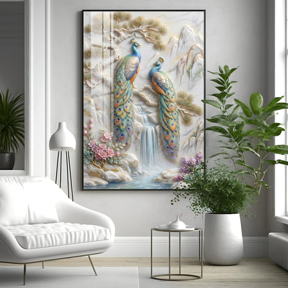 Amazing Two Peacocks Premium Acrylic Vertical Wall Art