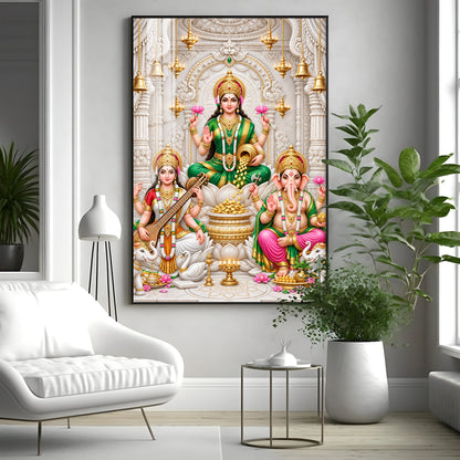 Maa Laxmi Saraswati Ganesha Premium Acrylic Vertical Wall Art