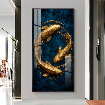 Majestic Golden Koi Circle Background Premium Acrylic Vertical Wall Art