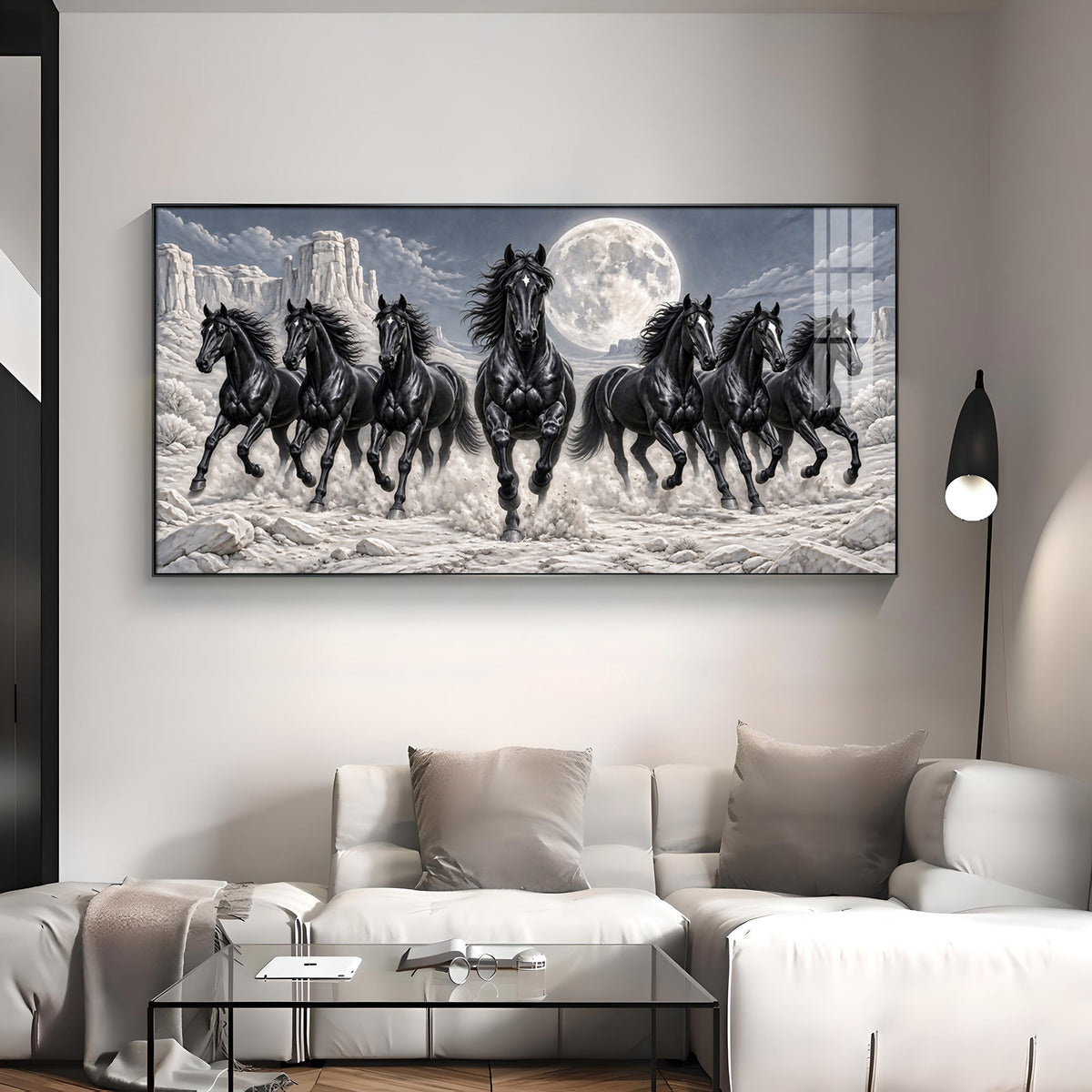 Seven Running Black Horses Premium Acrylic Horizontal Wall Art