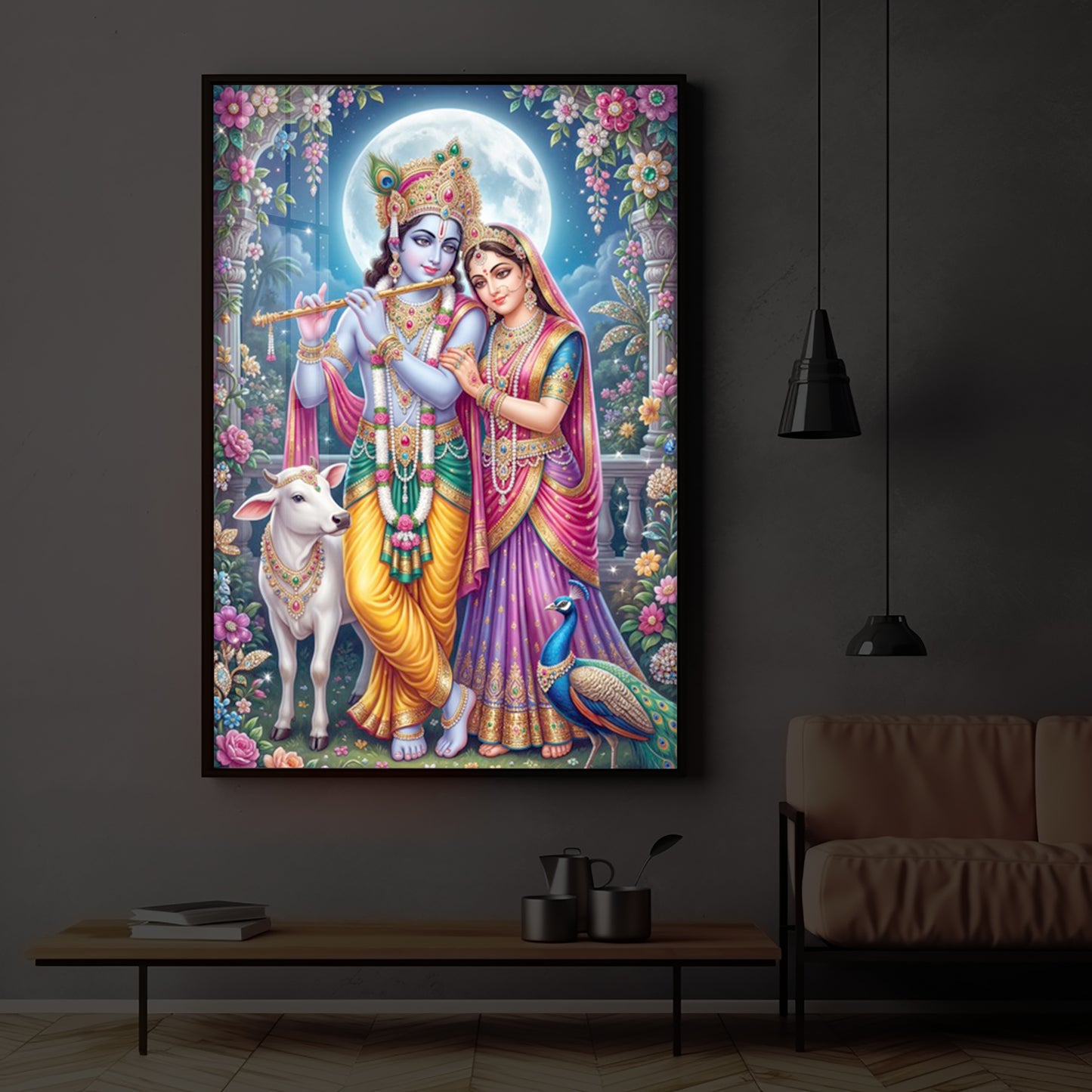 Moonlit Radha Krishna Leela Modern Luxury Backlight Vertical Wall Art