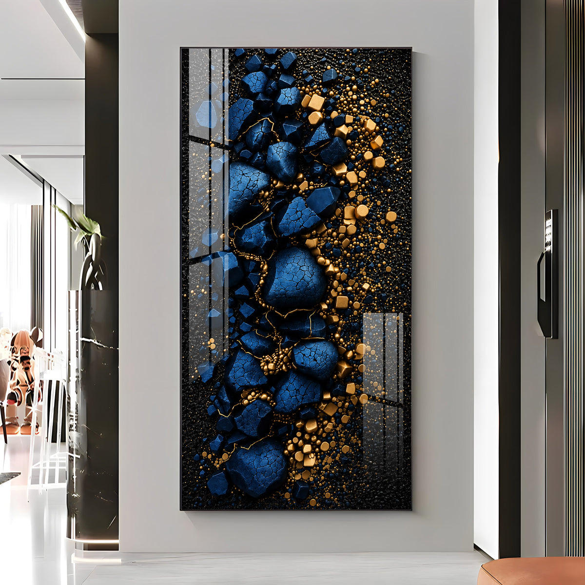 Deep Blue Cracked Rock with Gold Dust Premium Acrylic Vertical Wall Art