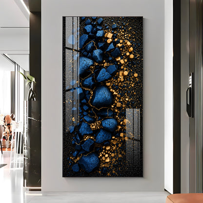 Deep Blue Cracked Rock with Gold Dust Premium Acrylic Vertical Wall Art