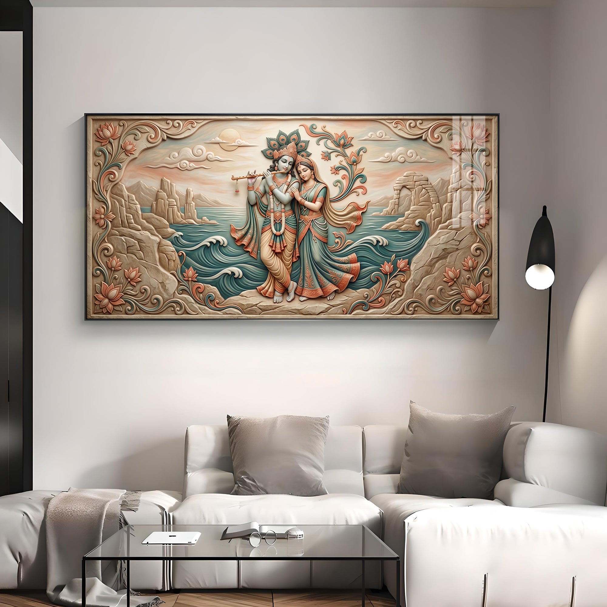 Radha Krishna With Flowers Premium Acrylic Horizontal Wall Art