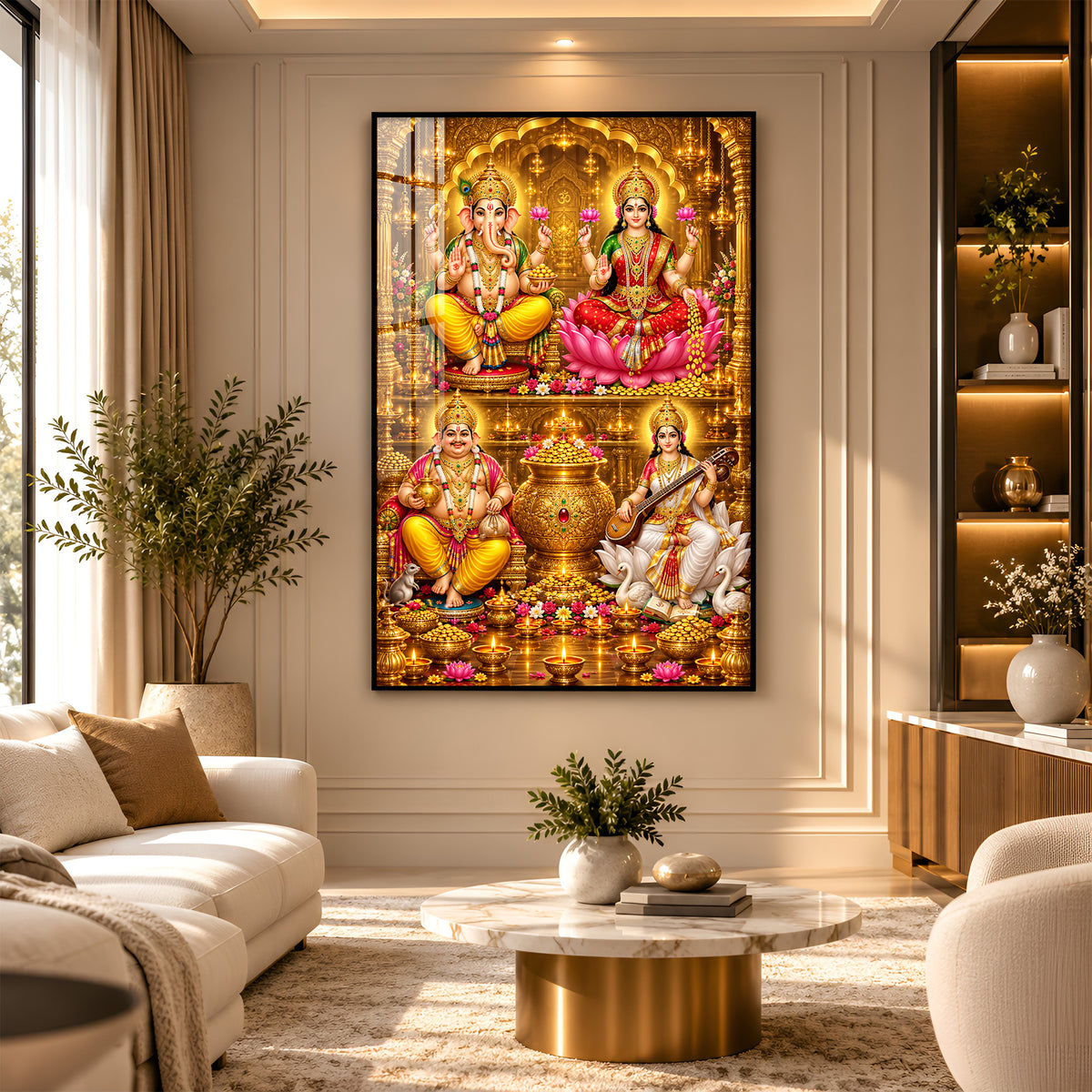 Goddess laxmi, Saraswati, Lord ganesh & Kuber Premium Acrylic Vertical Wall Art