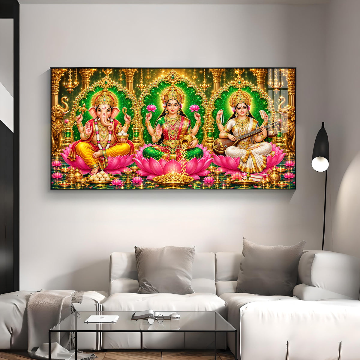 Maa Lakshmi, Ganesha Ji & Saraswati Premium Acrylic Horizontal Wall Art