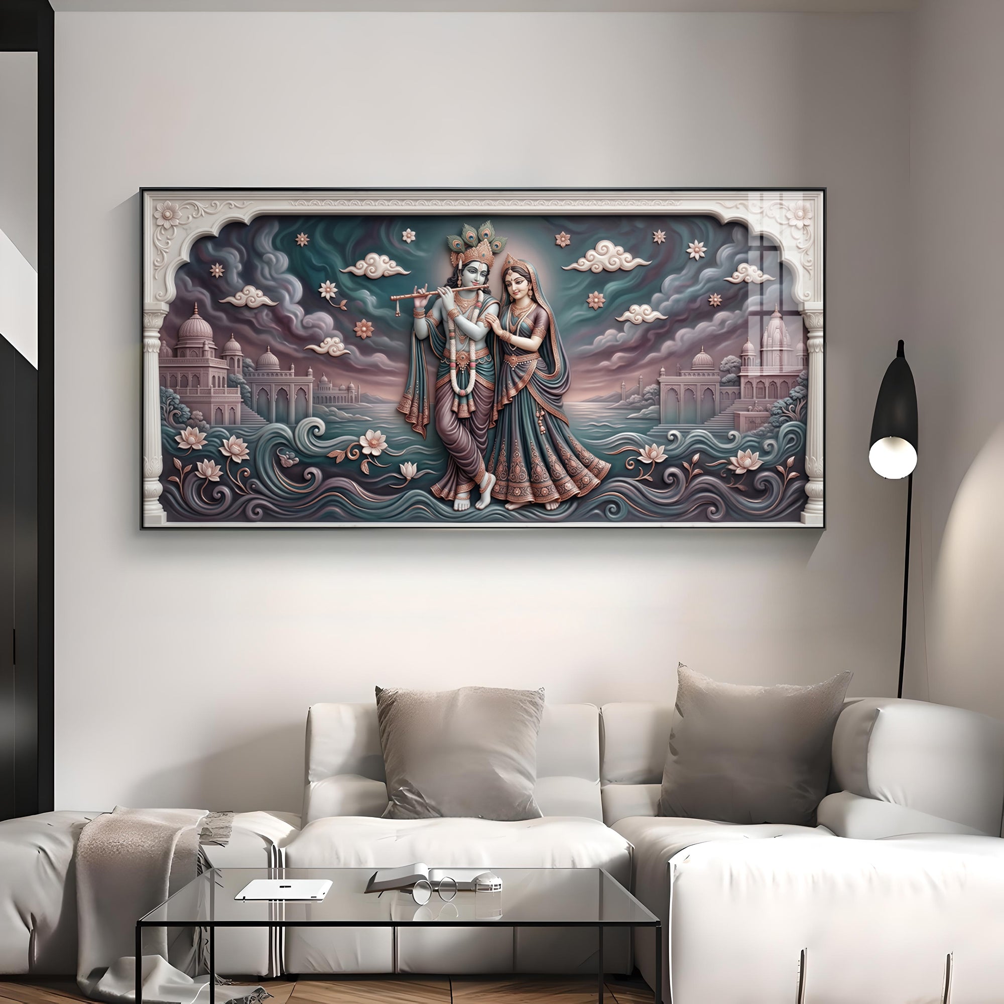 Radha Krishna In Lotus Filled Premium Acrylic Horizontal Wall Art