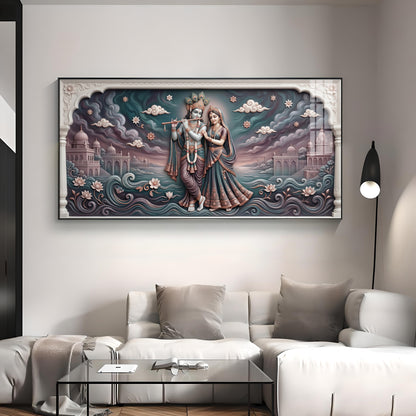 Radha Krishna In Lotus Filled Premium Acrylic Horizontal Wall Art