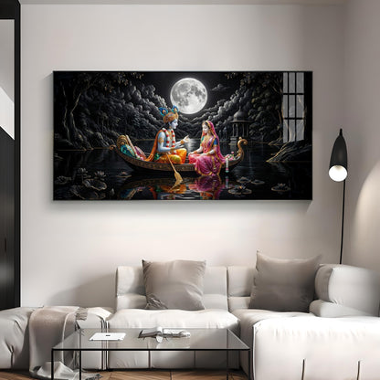 Radha & Krishna's Moonlit Journey Premium Acrylic Horizontal Wall Art