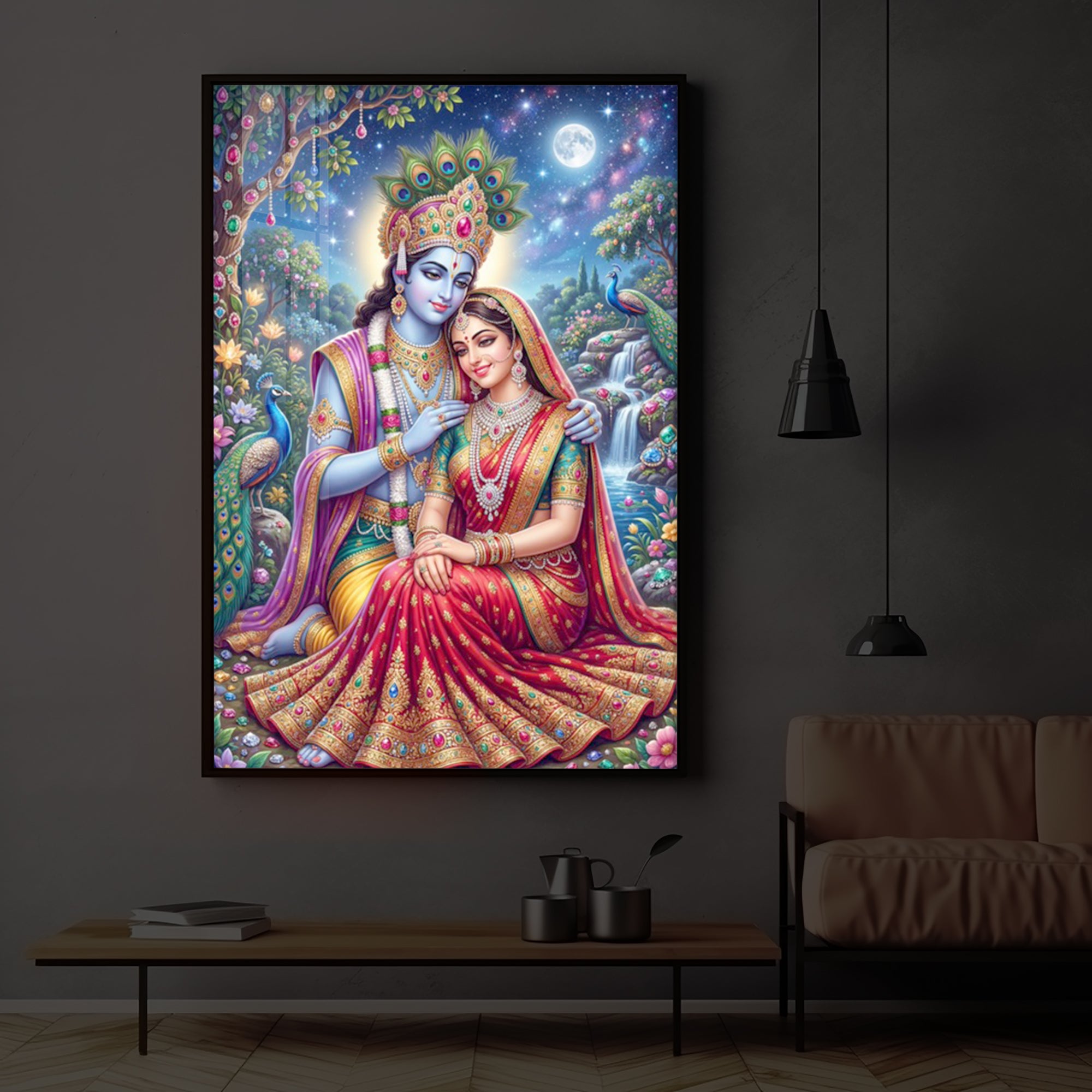 Divine Radha Krishna Serenity Modern Luxury Backlight Vertical Wall Art