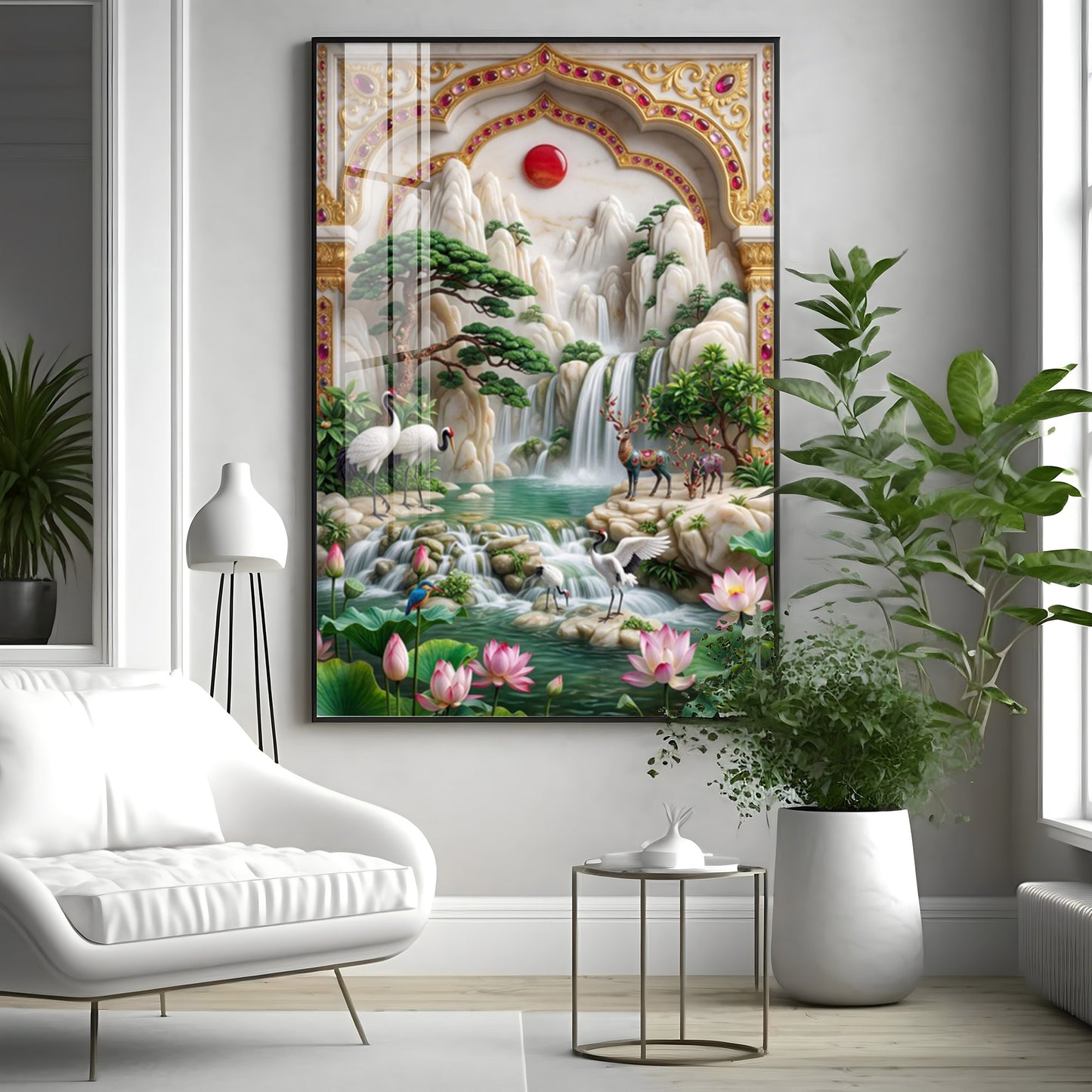 Sunrise Mountains Waterfall Premium Acrylic Vertical Wall Art