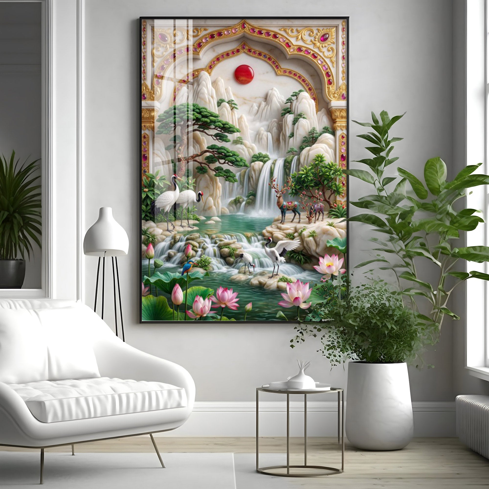 Sunrise Mountains Waterfall Premium Acrylic Vertical Wall Art