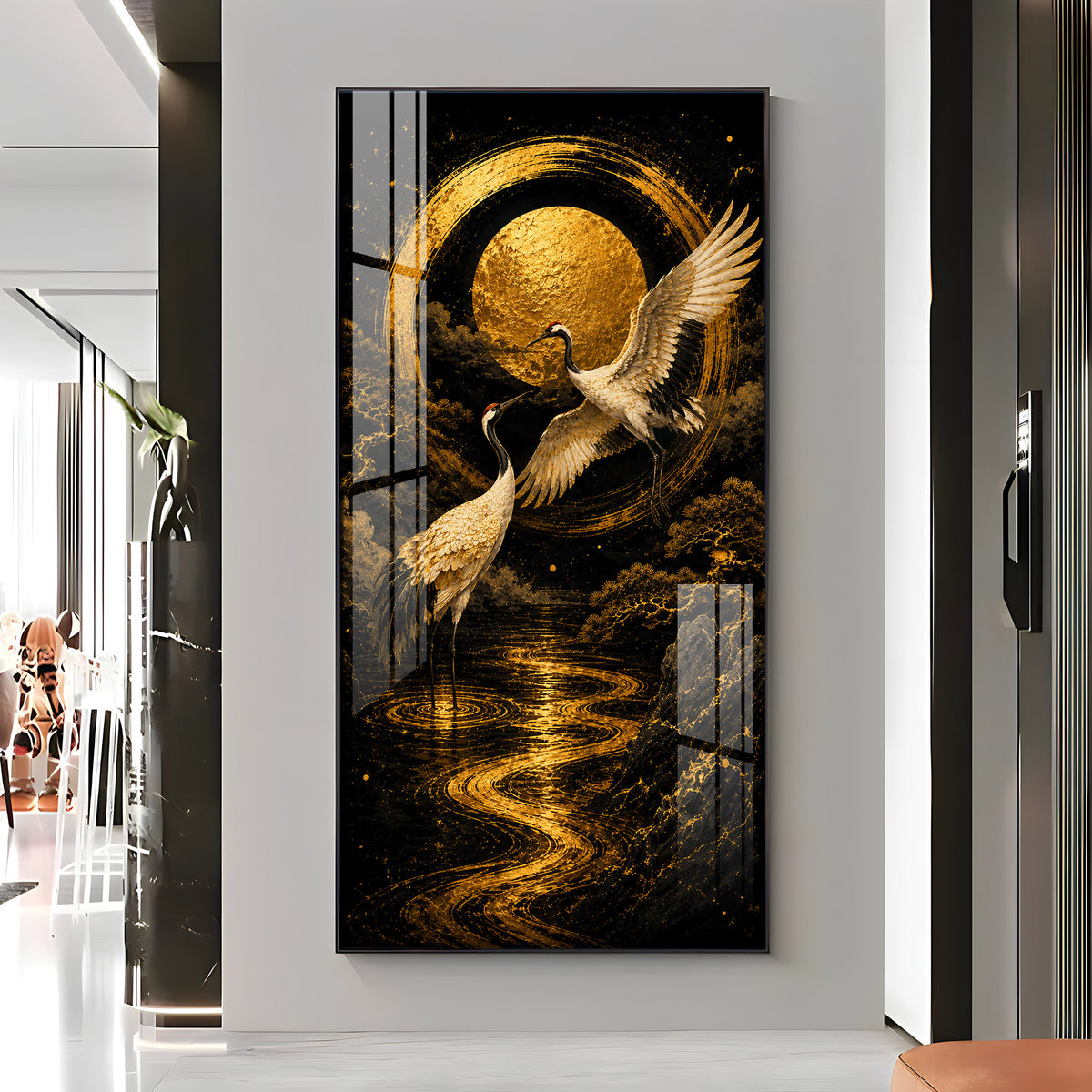 Golden Cranes & Moon Minimalist Zen Premium Acrylic Vertical Wall Art