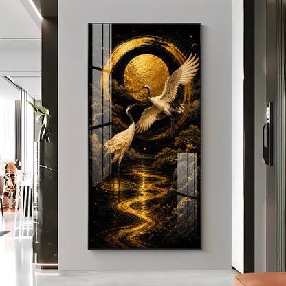 Golden Cranes & Moon Minimalist Zen Premium Acrylic Vertical Wall Art