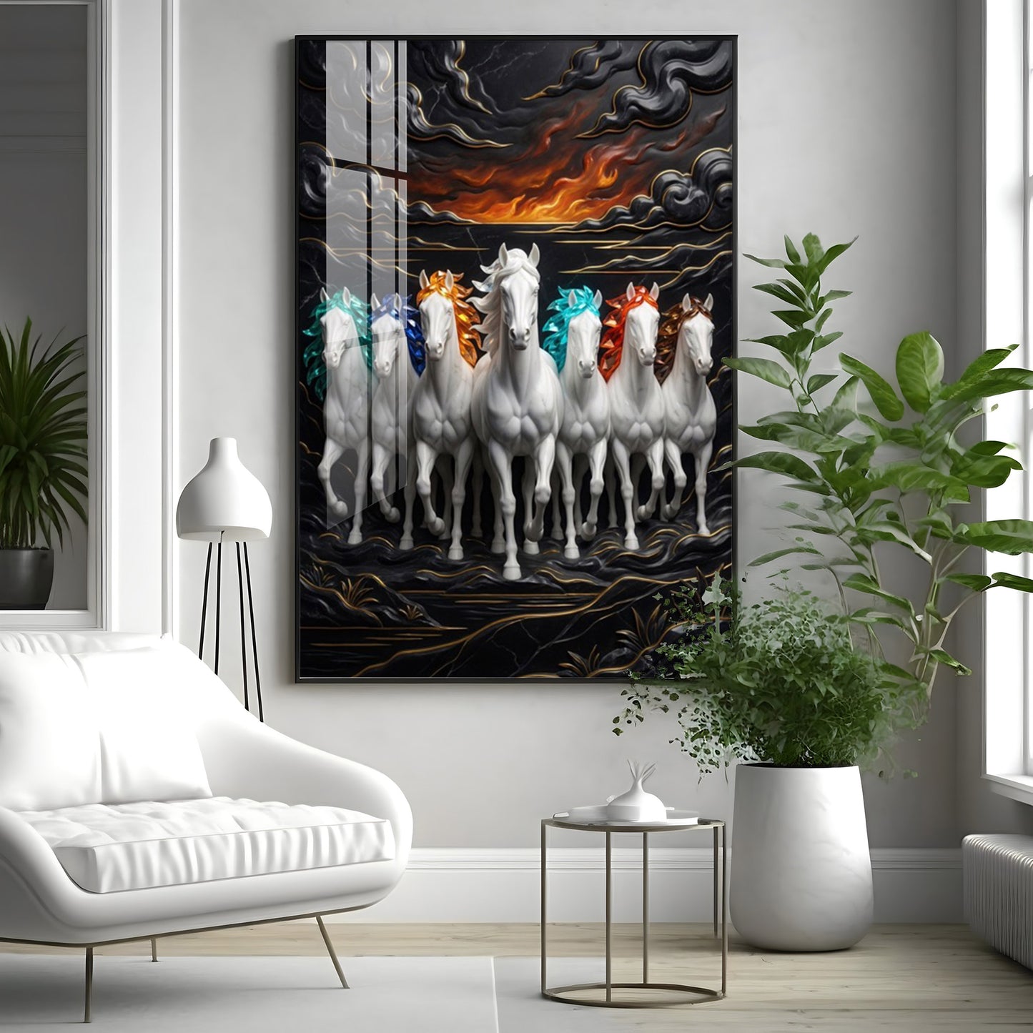 Seven White Horses Premium Acrylic Vertical Wall Art