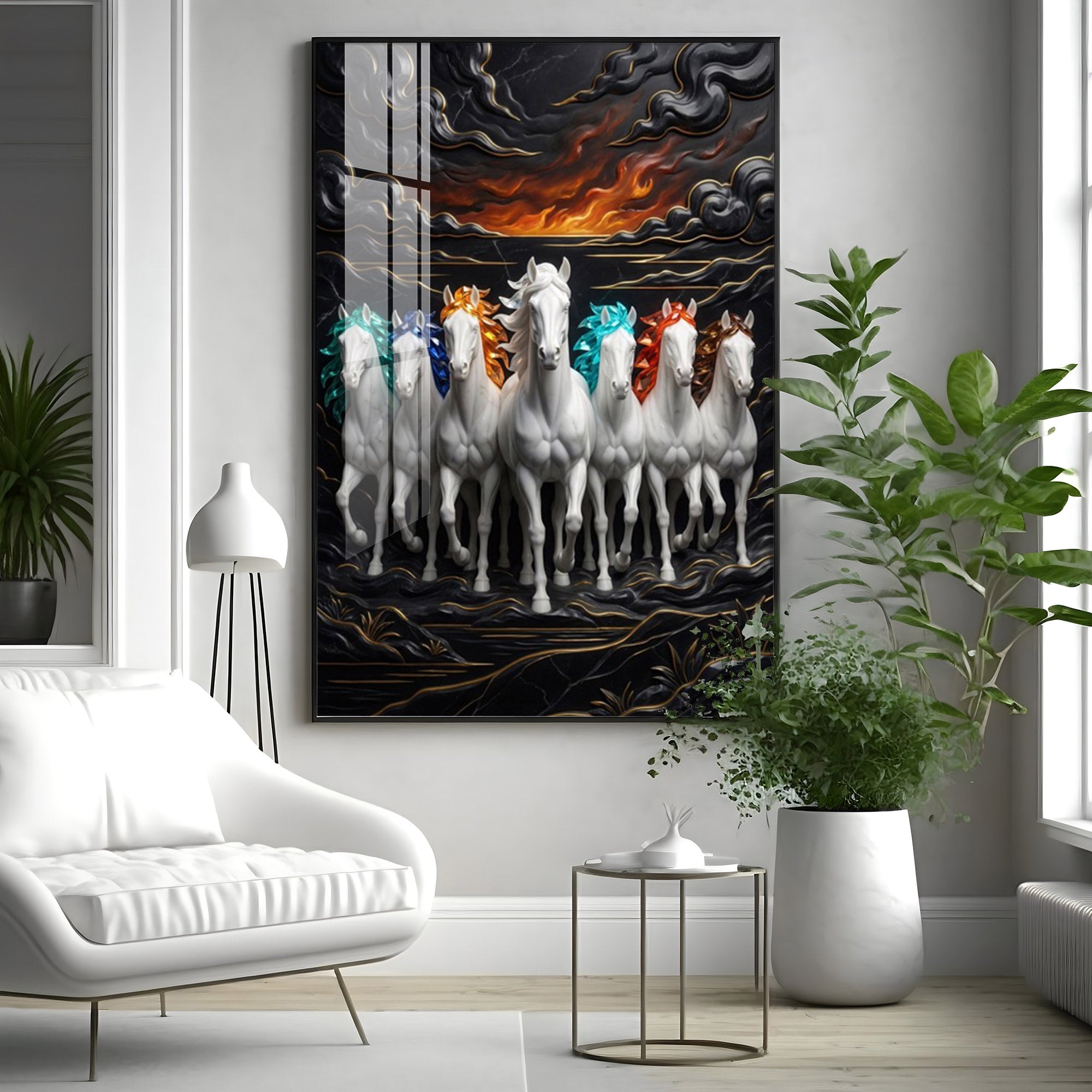 Seven White Horses Premium Acrylic Vertical Wall Art