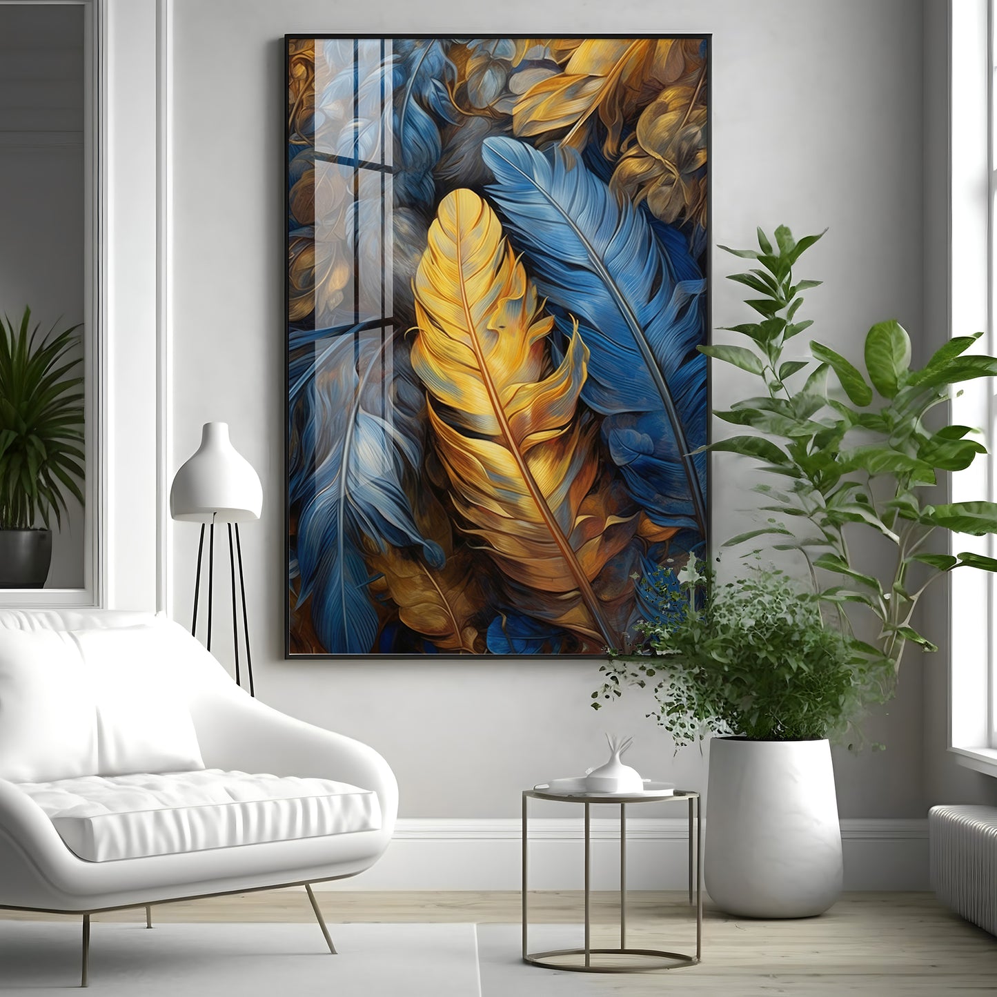 Blue & Yellow Feathers Premium Acrylic Vertical Wall Art
