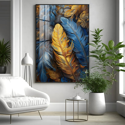 Blue & Yellow Feathers Premium Acrylic Vertical Wall Art
