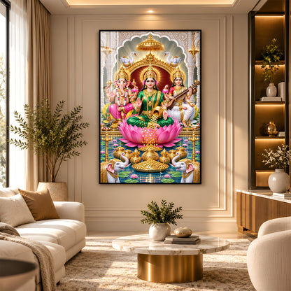 Maa Laxmi Ji, Maa Saraswati & Ganesh Ji Premium Acrylic Vertical Wall Art