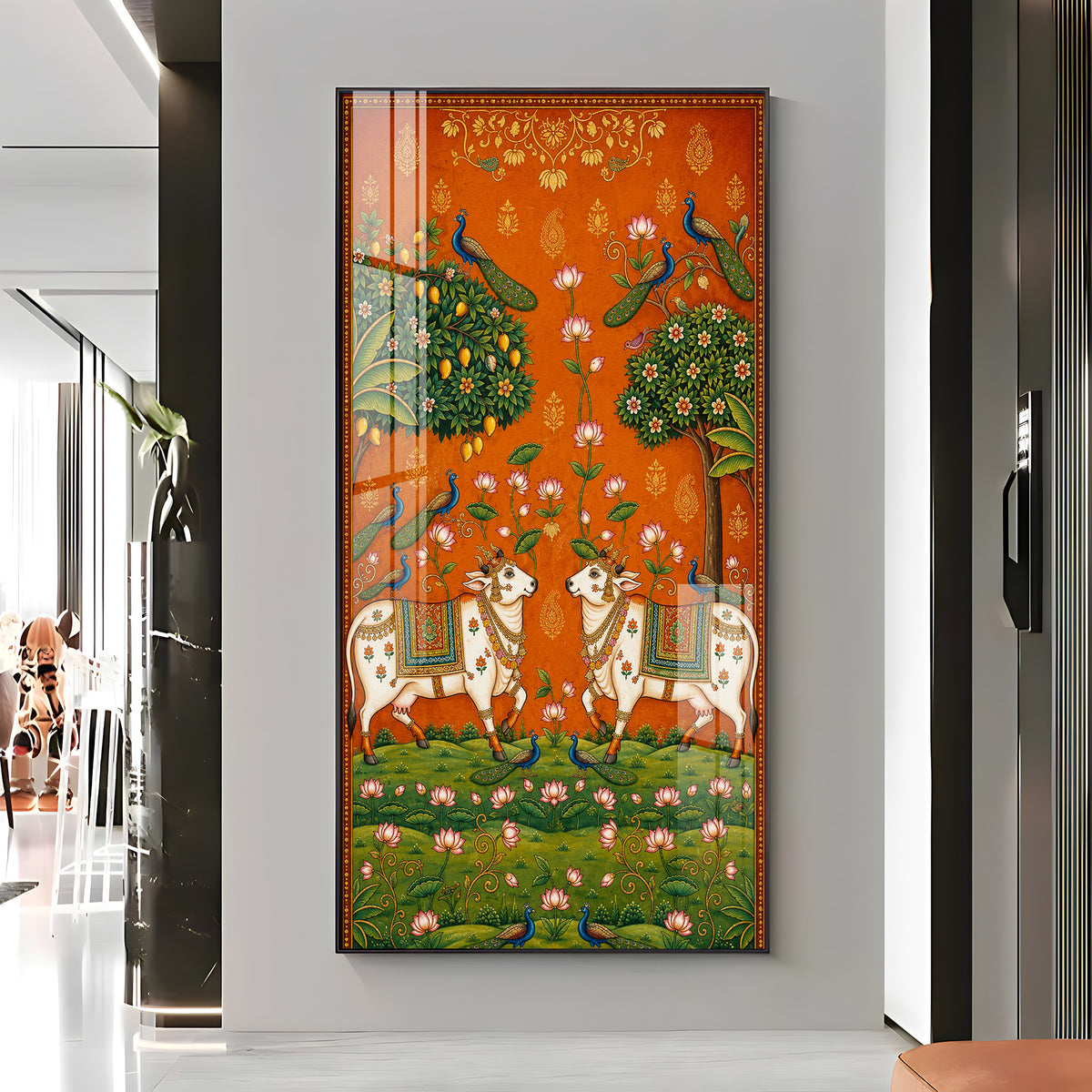 Traditional Pichwai Sacred Cows & Peacocks Premium Acrylic Vertical Wall Art