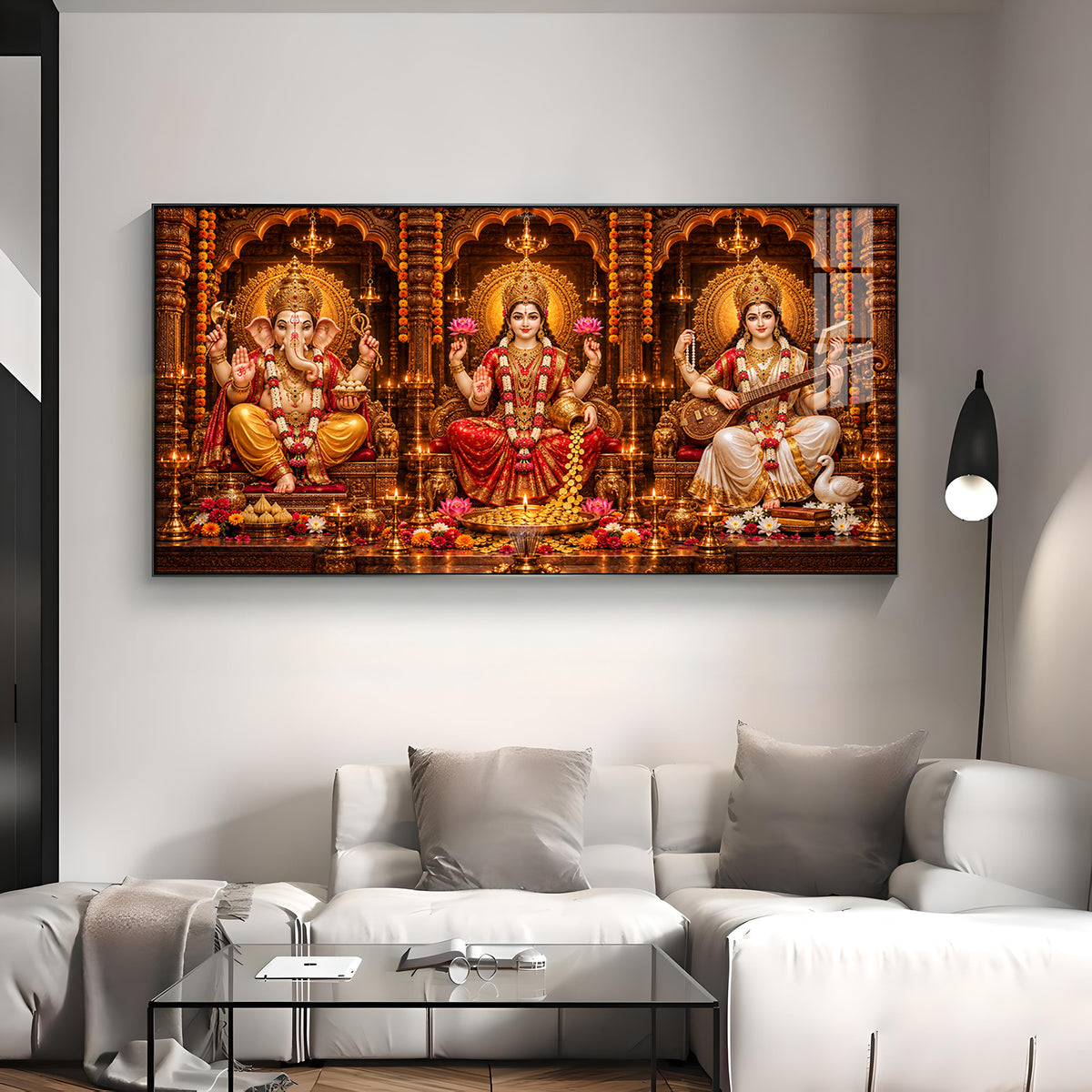 Shri Ganesha, Goddess Lakshmi, and Goddess Saraswati Premium Acrylic Horizontal Wall Art