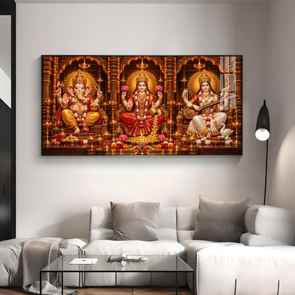 Shri Ganesha, Goddess Lakshmi, and Goddess Saraswati Premium Acrylic Horizontal Wall Art