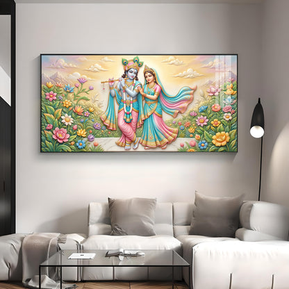 Krishna Playing The Flute Beside Radha Premium Acrylic Horizontal Wall Art