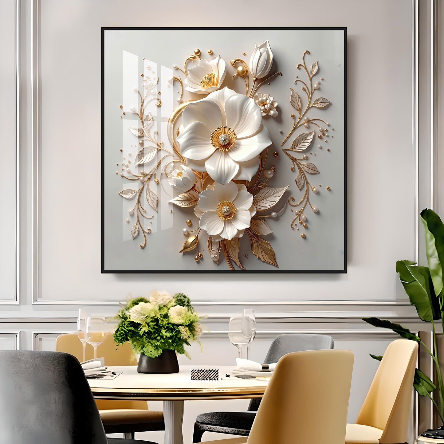 Elegant White Flowers With Gold Leaves Premium Acrylic Square Wall Art