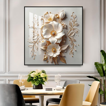 Elegant White Flowers With Gold Leaves Premium Acrylic Square Wall Art