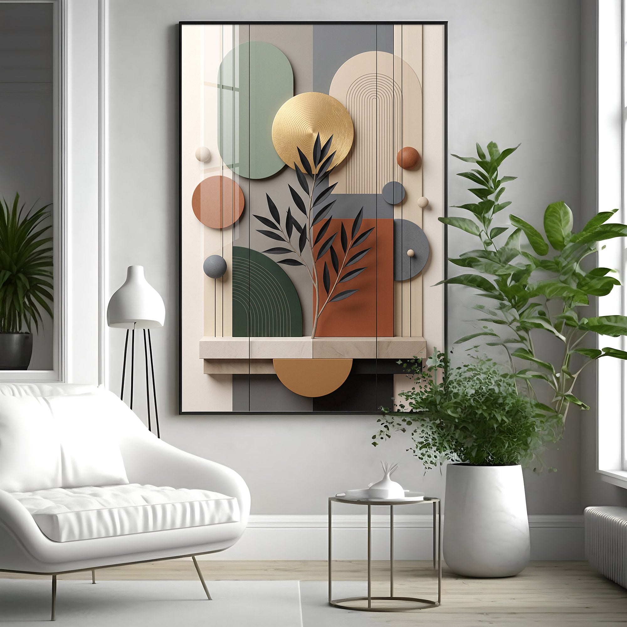 Modern Geometric Abstract with Gold Disc Premium Acrylic Vertical Wall Art