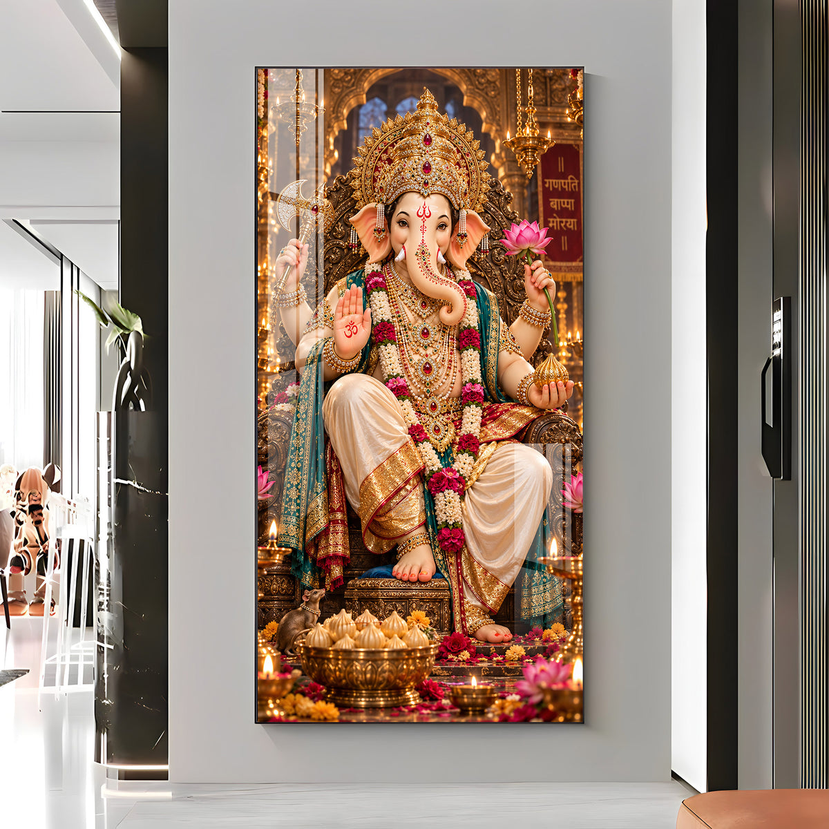 Ganpati Bappa Morya Golden Throne Premium Acrylic Vertical Wall Art