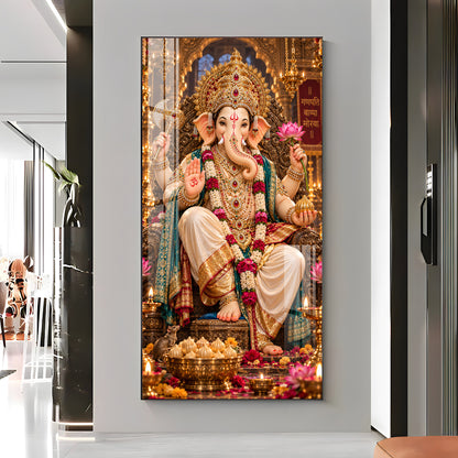 Ganpati Bappa Morya Golden Throne Premium Acrylic Vertical Wall Art