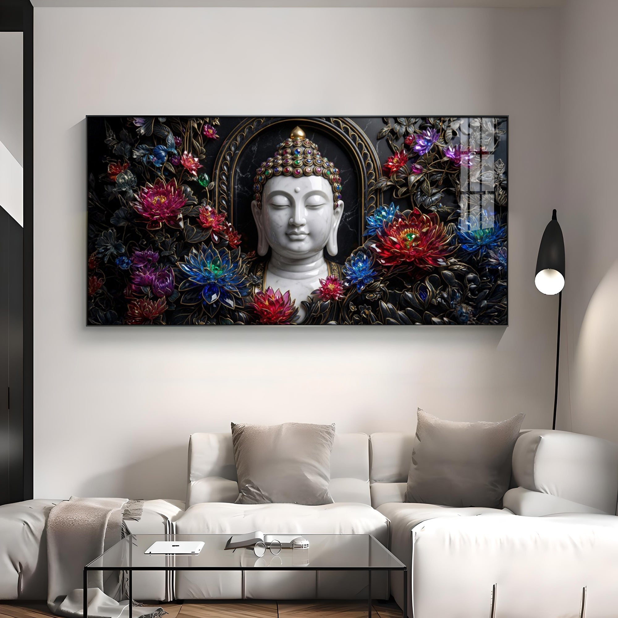 Floral Serenity Idol Buddha Premium Acrylic Horizontal Wall Art