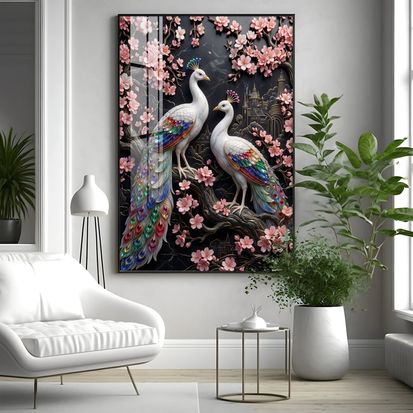 White Peacock Pair Premium Acrylic Vertical Wall Art