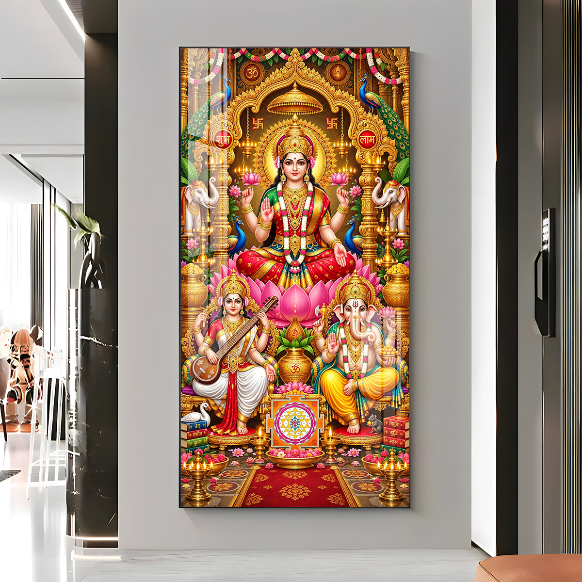 Maa Laxmi, Ganesh Ji & Saraswati Premium Acrylic Vertical Wall Art