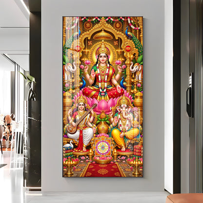 Maa Laxmi, Ganesh Ji & Saraswati Premium Acrylic Vertical Wall Art
