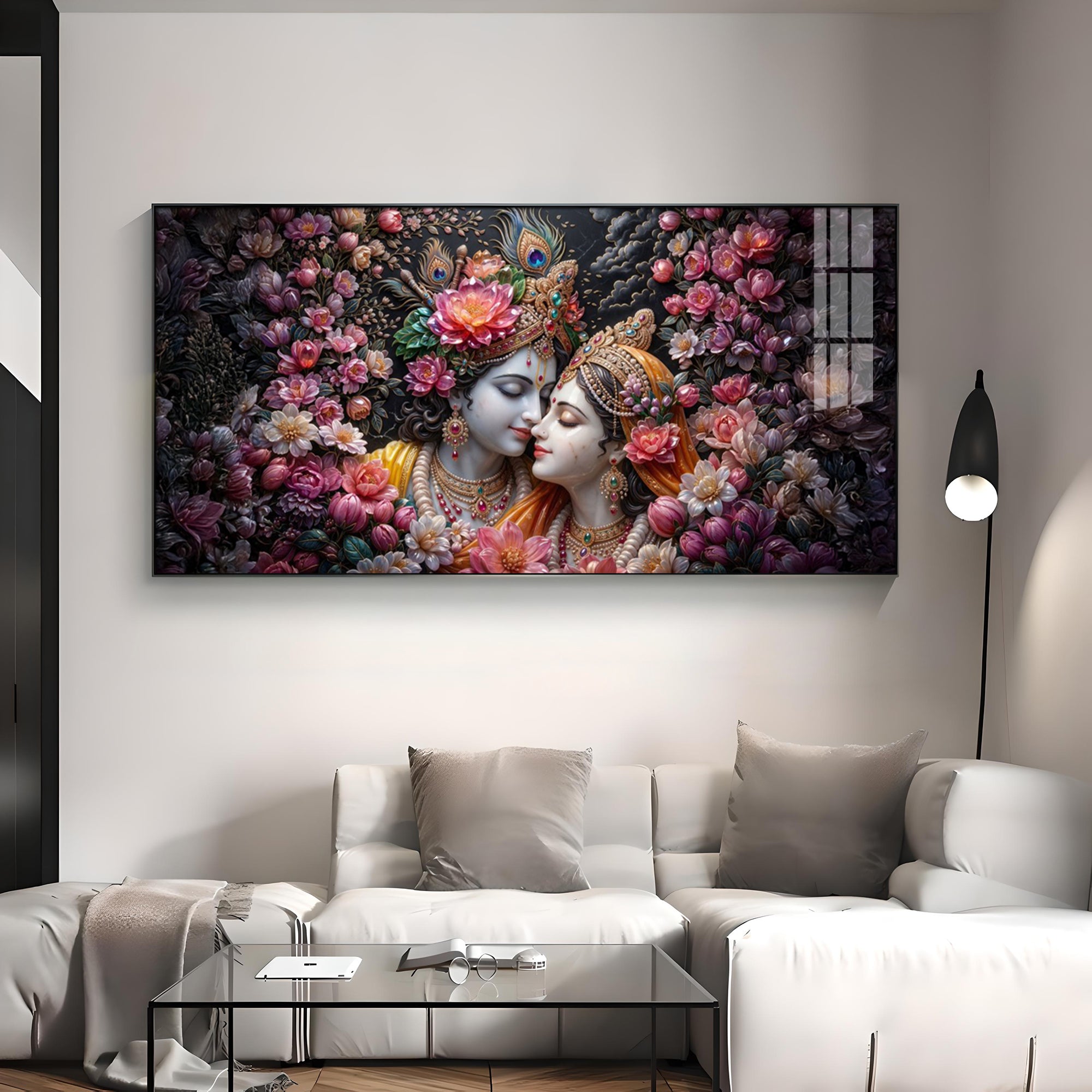 Floral Radha Krishna With Beautiful Background Premium Acrylic Horizontal Wall Art