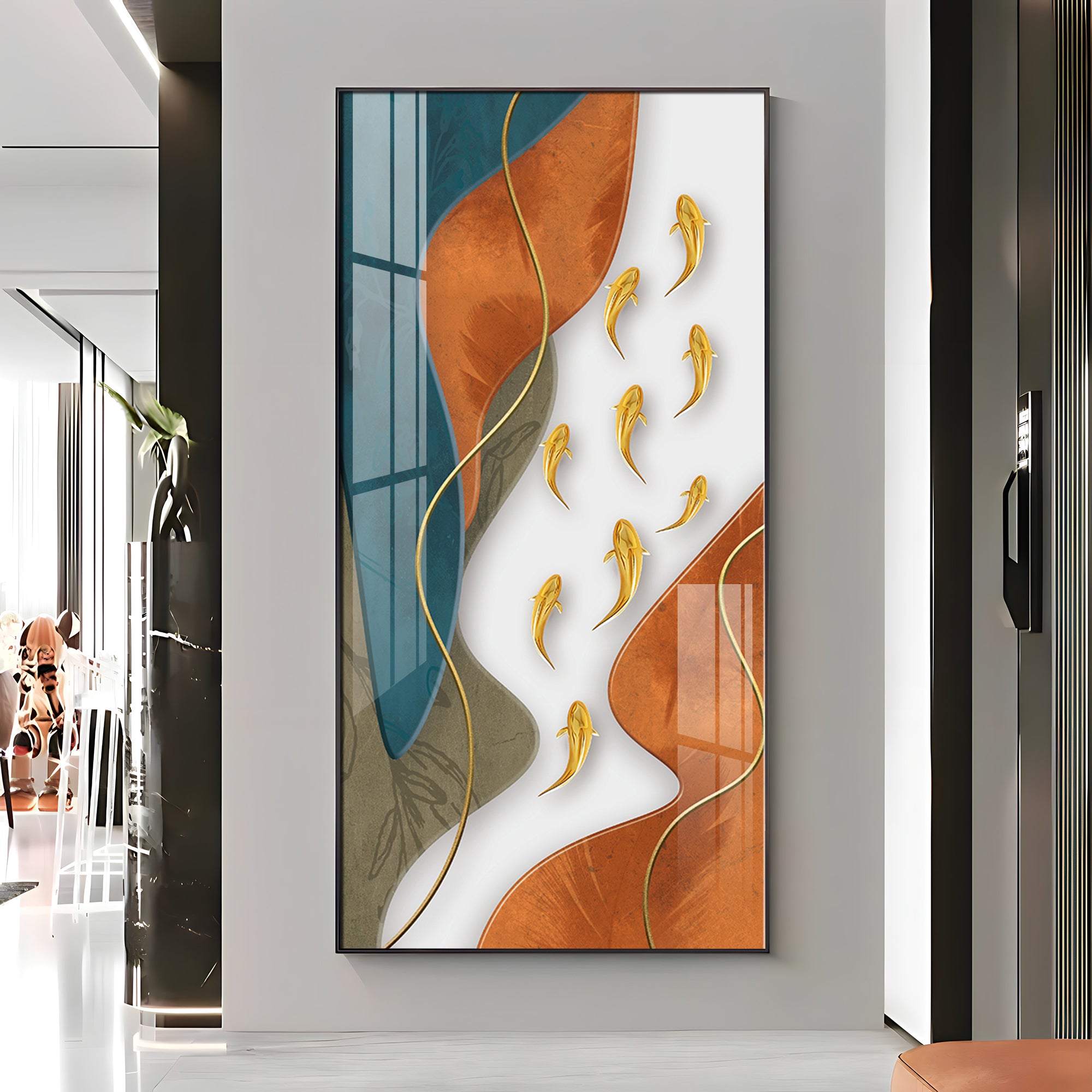 Gold Fish With Abstract Design Premium Acrylic Vertical Wall Art
