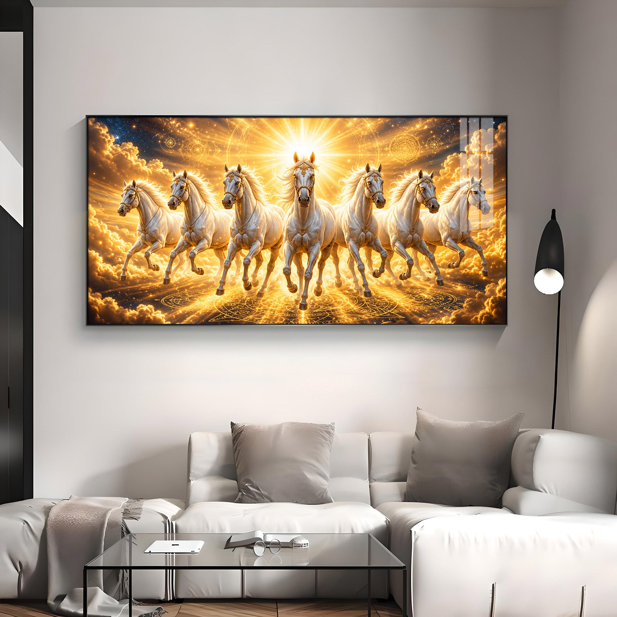 Beautiful Seven White Horses Premium Acrylic Horizontal Wall Art