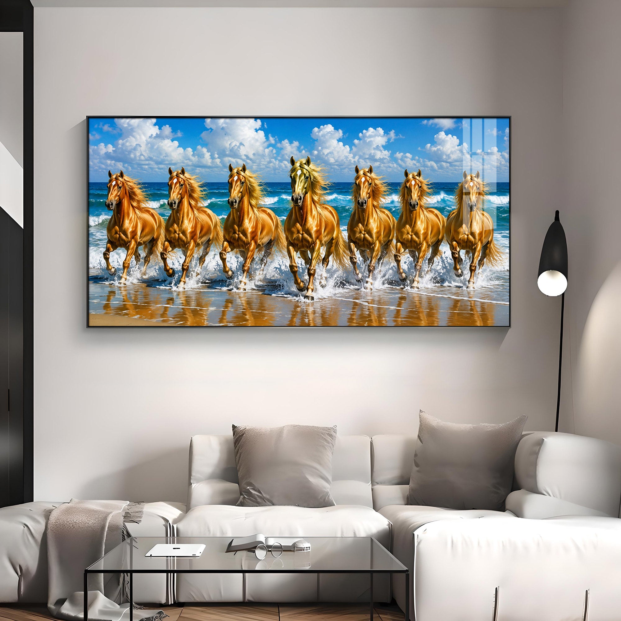 Seven Golden Horses In Ocean Premium Acrylic Horizontal Wall Art