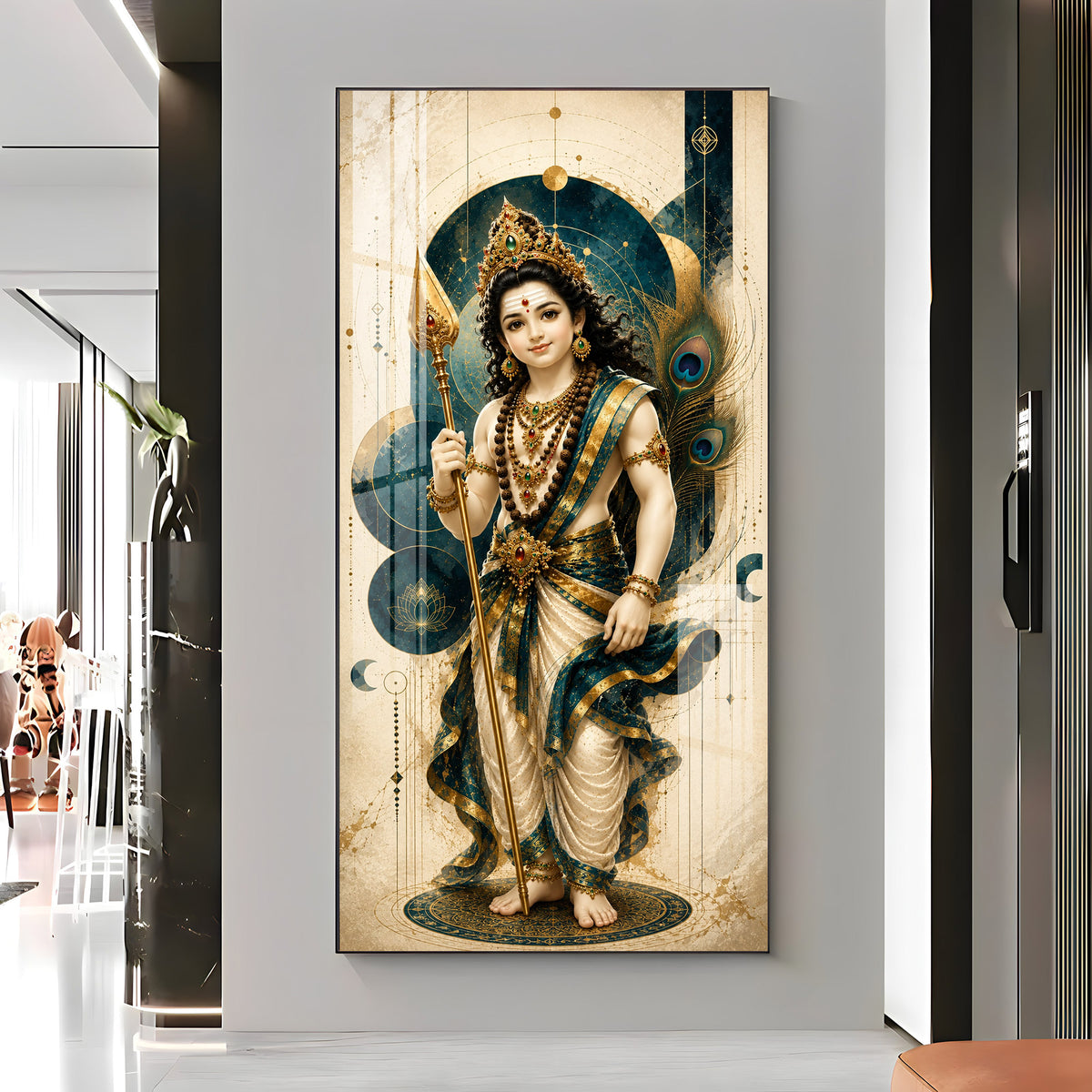 Sacred Lord Murugan & Peacock Feather Premium Acrylic Vertical Wall Art