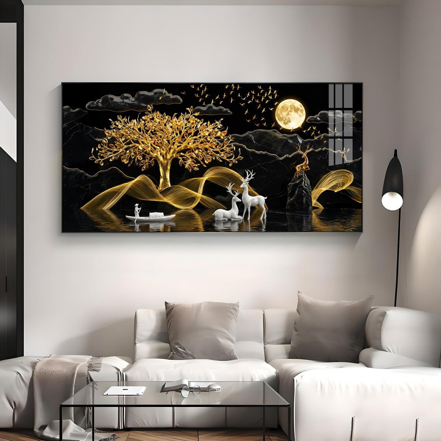 White Deer With Golden Tree Premium Acrylic Horizontal Wall Art