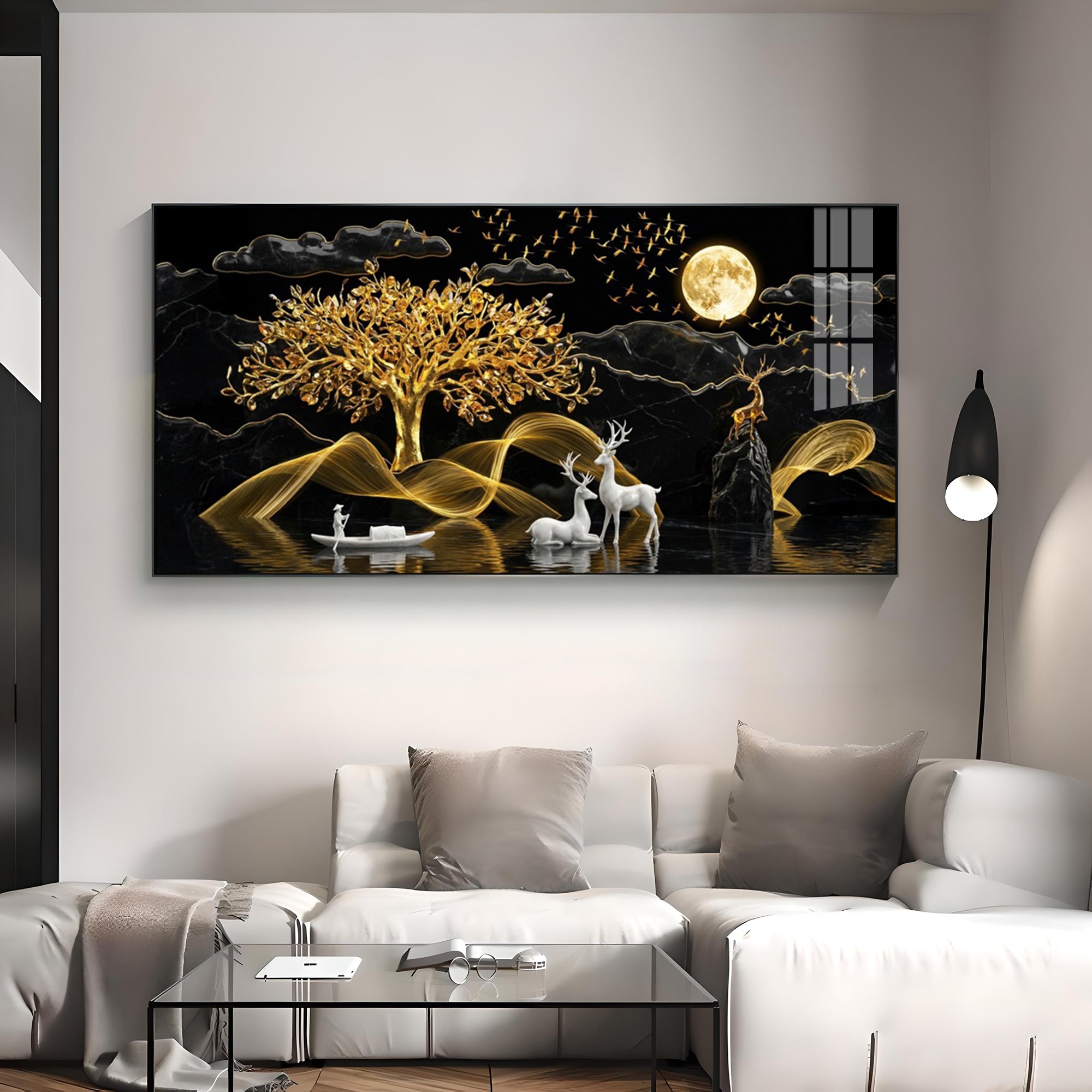 White Deer With Golden Tree Premium Acrylic Horizontal Wall Art